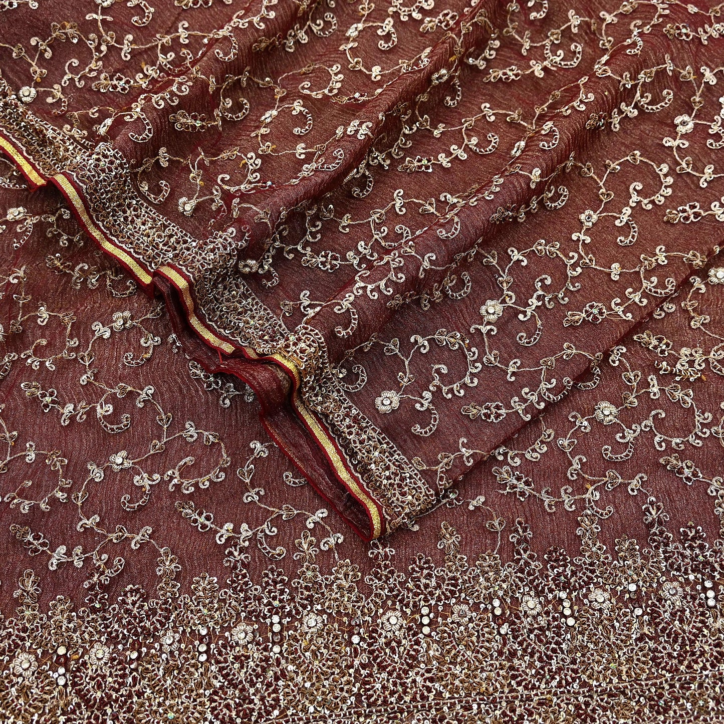 Indian Vintage Heavy Wedding Maroon Dupatta Net Mesh Long Stole Hand Embroidered Scarves Golden Zardozi Zari Sequins Dridal Veil Hijab