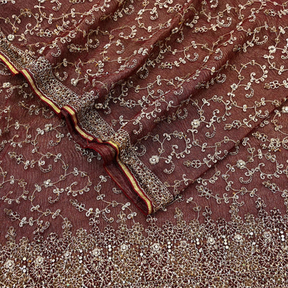 Indian Vintage Heavy Wedding Maroon Dupatta Net Mesh Long Stole Hand Embroidered Scarves Golden Zardozi Zari Sequins Dridal Veil Hijab