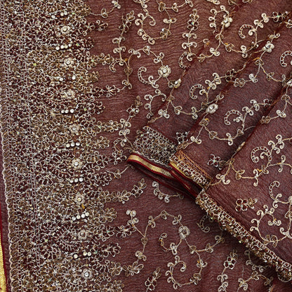 Indian Vintage Heavy Wedding Maroon Dupatta Net Mesh Long Stole Hand Embroidered Scarves Golden Zardozi Zari Sequins Dridal Veil Hijab