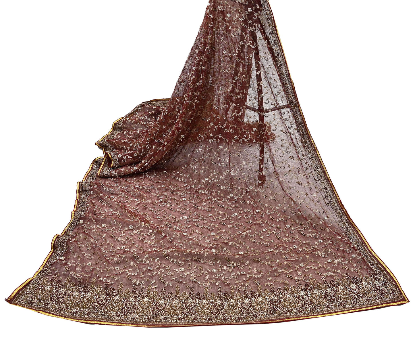 Indian Vintage Heavy Wedding Maroon Dupatta Net Mesh Long Stole Hand Embroidered Scarves Golden Zardozi Zari Sequins Dridal Veil Hijab