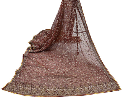 Indian Vintage Heavy Wedding Maroon Dupatta Net Mesh Long Stole Hand Embroidered Scarves Golden Zardozi Zari Sequins Dridal Veil Hijab