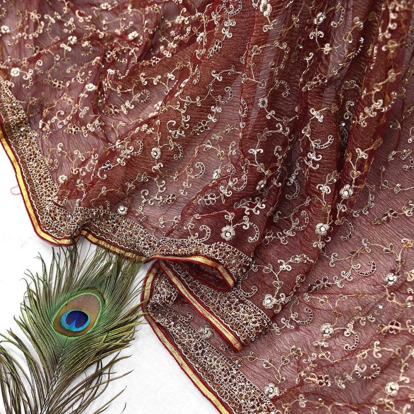 Indian Vintage Heavy Wedding Maroon Dupatta Net Mesh Long Stole Hand Embroidered Scarves Golden Zardozi Zari Sequins Dridal Veil Hijab