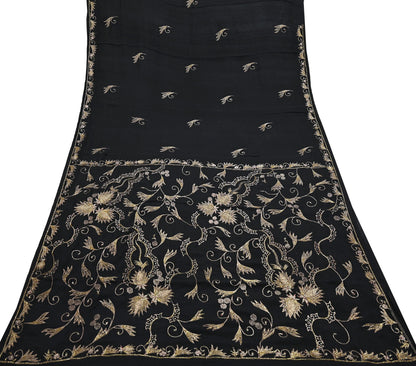 Indian Vintage Black Saree Pure Silk Hand Embroidered Sari Craft Fabric 5Yd Sewing Soft Zardozi/Dabka Dress making With Blouse Pcs