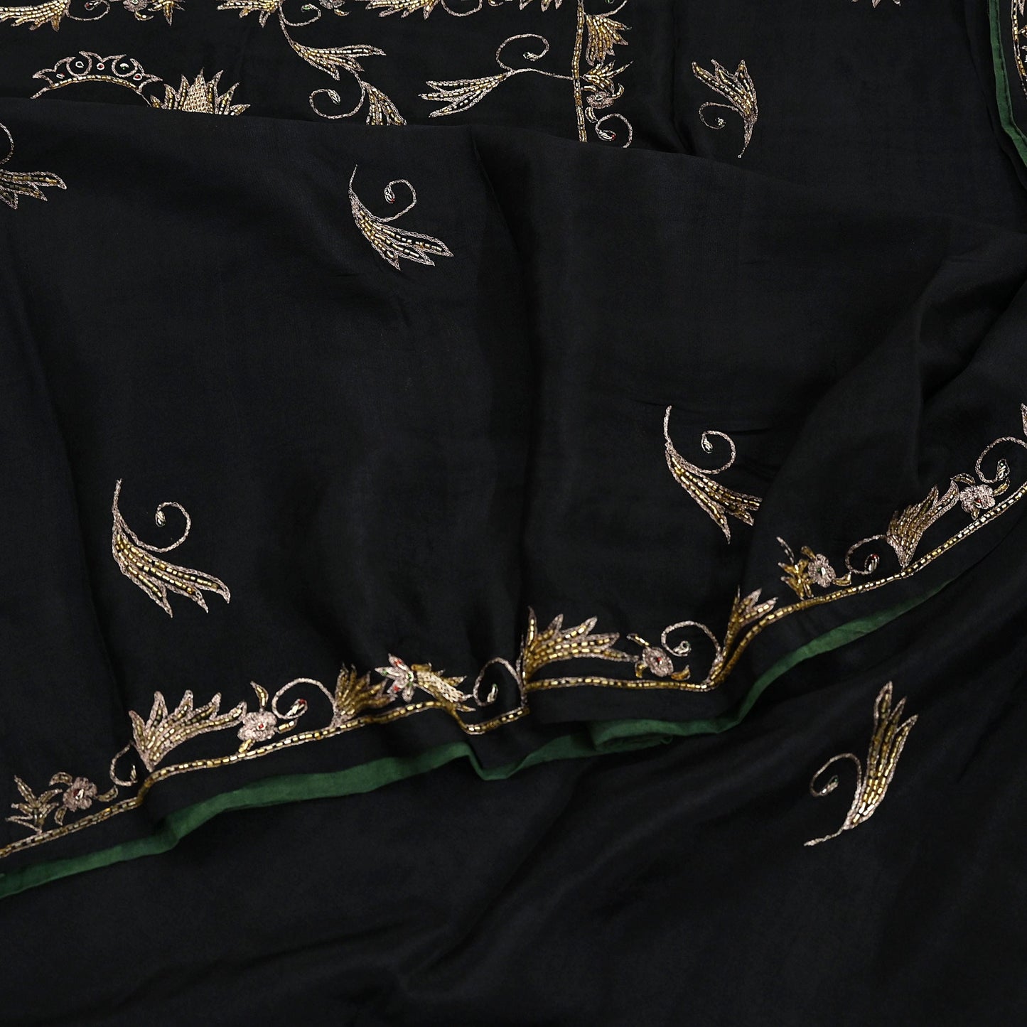 Indian Vintage Black Saree Pure Silk Hand Embroidered Sari Craft Fabric 5Yd Sewing Soft Zardozi/Dabka Dress making With Blouse Pcs