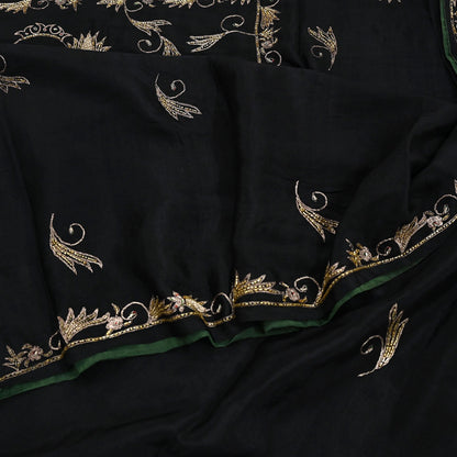 Indian Vintage Black Saree Pure Silk Hand Embroidered Sari Craft Fabric 5Yd Sewing Soft Zardozi/Dabka Dress making With Blouse Pcs