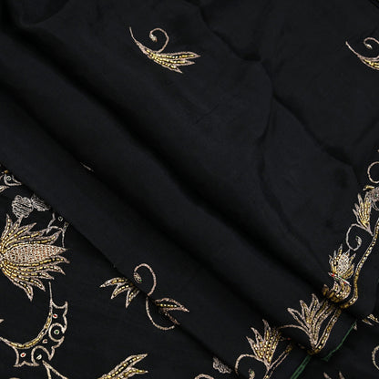 Indian Vintage Black Saree Pure Silk Hand Embroidered Sari Craft Fabric 5Yd Sewing Soft Zardozi/Dabka Dress making With Blouse Pcs