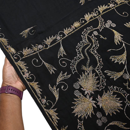 Indian Vintage Black Saree Pure Silk Hand Embroidered Sari Craft Fabric 5Yd Sewing Soft Zardozi/Dabka Dress making With Blouse Pcs