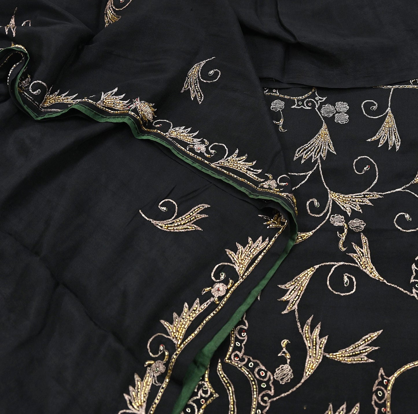 Indian Vintage Black Saree Pure Silk Hand Embroidered Sari Craft Fabric 5Yd Sewing Soft Zardozi/Dabka Dress making With Blouse Pcs