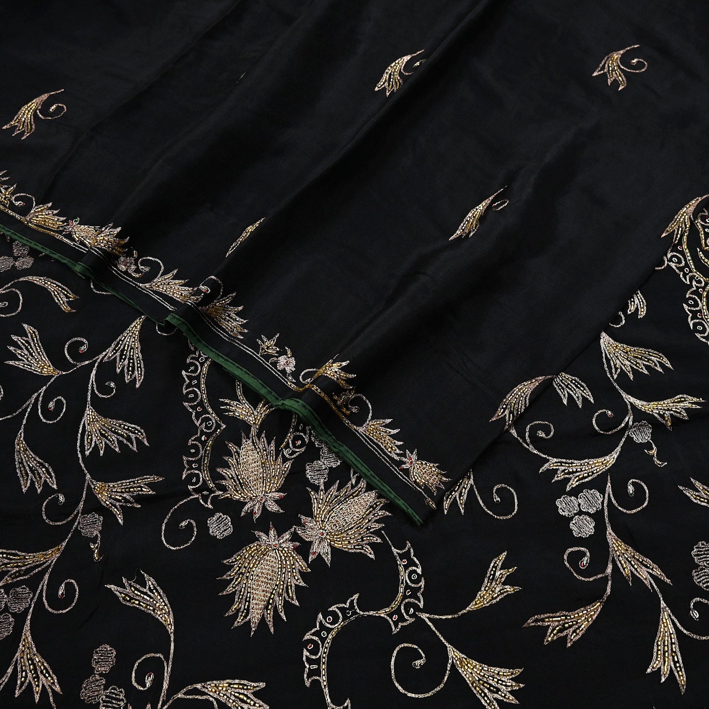 Indian Vintage Black Saree Pure Silk Hand Embroidered Sari Craft Fabric 5Yd Sewing Soft Zardozi/Dabka Dress making With Blouse Pcs