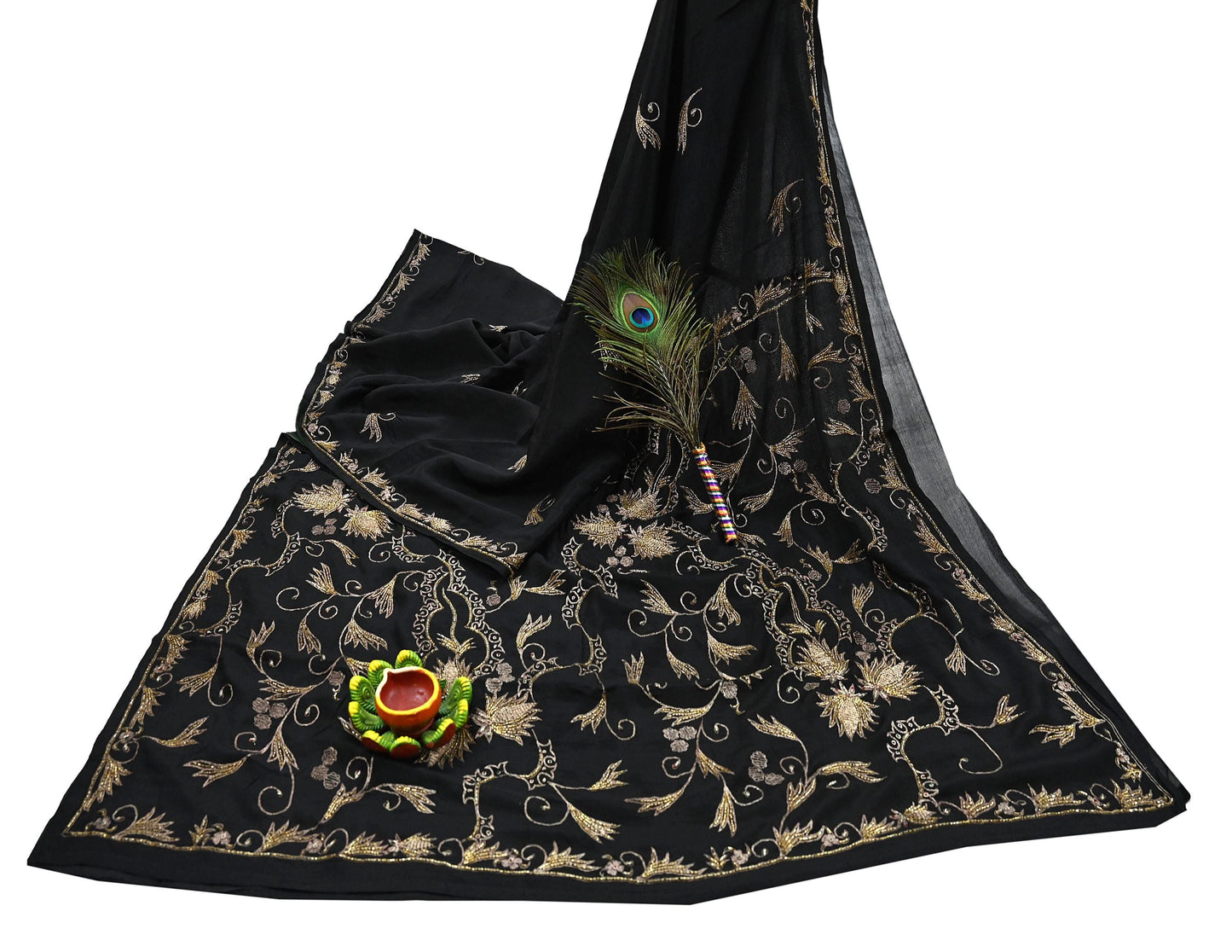 Indian Vintage Black Saree Pure Silk Hand Embroidered Sari Craft Fabric 5Yd Sewing Soft Zardozi/Dabka Dress making With Blouse Pcs