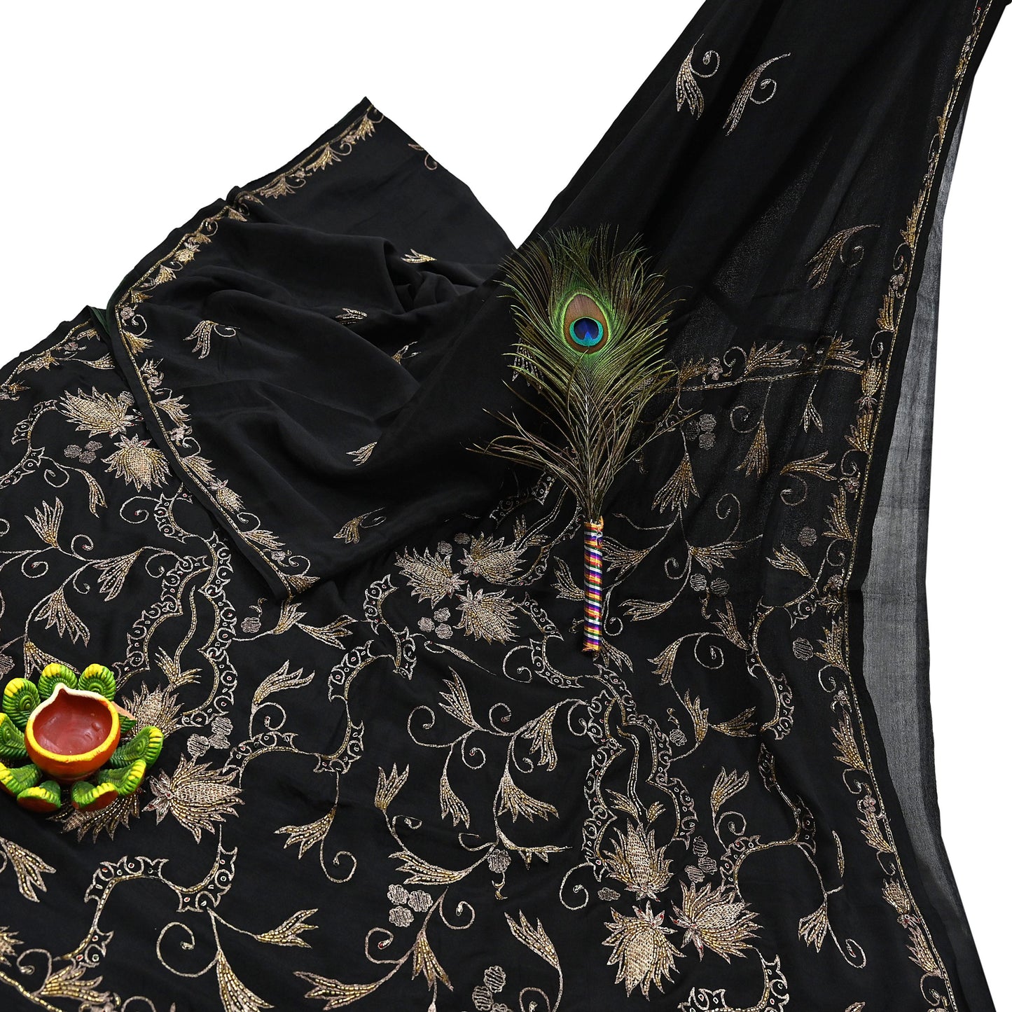 Indian Vintage Black Saree Pure Silk Hand Embroidered Sari Craft Fabric 5Yd Sewing Soft Zardozi/Dabka Dress making With Blouse Pcs