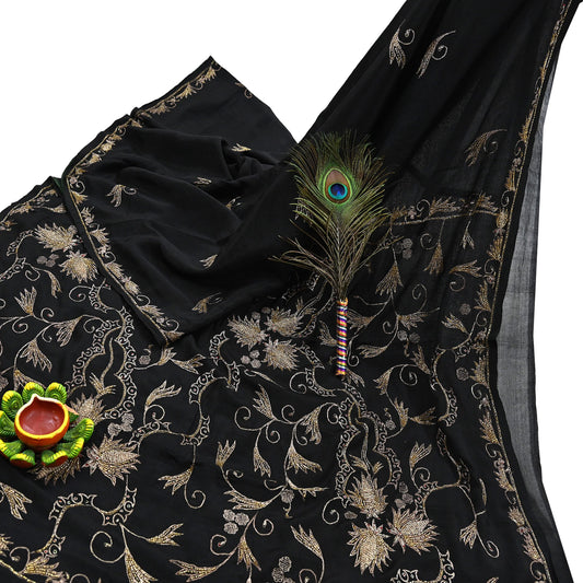 Indian Vintage Black Saree Pure Silk Hand Embroidered Sari Craft Fabric 5Yd Sewing Soft Zardozi/Dabka Dress making With Blouse Pcs