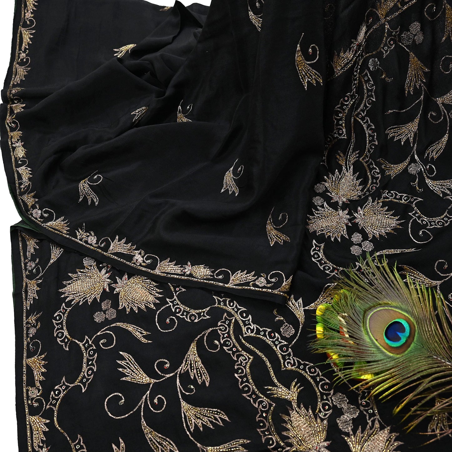 Indian Vintage Black Saree Pure Silk Hand Embroidered Sari Craft Fabric 5Yd Sewing Soft Zardozi/Dabka Dress making With Blouse Pcs