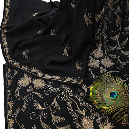 Indian Vintage Black Saree Pure Silk Hand Embroidered Sari Craft Fabric 5Yd Sewing Soft Zardozi/Dabka Dress making With Blouse Pcs