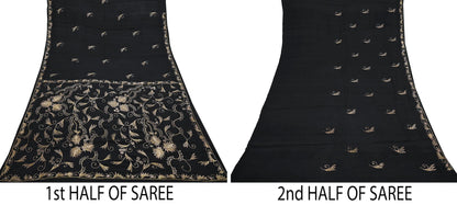 Indian Vintage Black Saree Pure Silk Hand Embroidered Sari Craft Fabric 5Yd Sewing Soft Zardozi/Dabka Dress making With Blouse Pcs