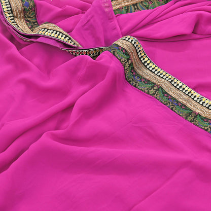 Indian Vintage Heavy Sari Pink Pure Georgette Silk Hand Embroidered Sarees Craft Fabric 5Yd Sewing Ethnic Bollywood saree