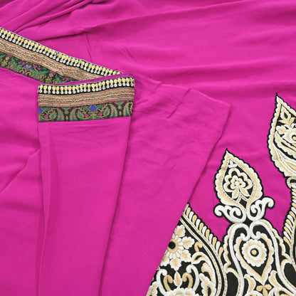 Indian Vintage Heavy Sari Pink Pure Georgette Silk Hand Embroidered Sarees Craft Fabric 5Yd Sewing Ethnic Bollywood saree