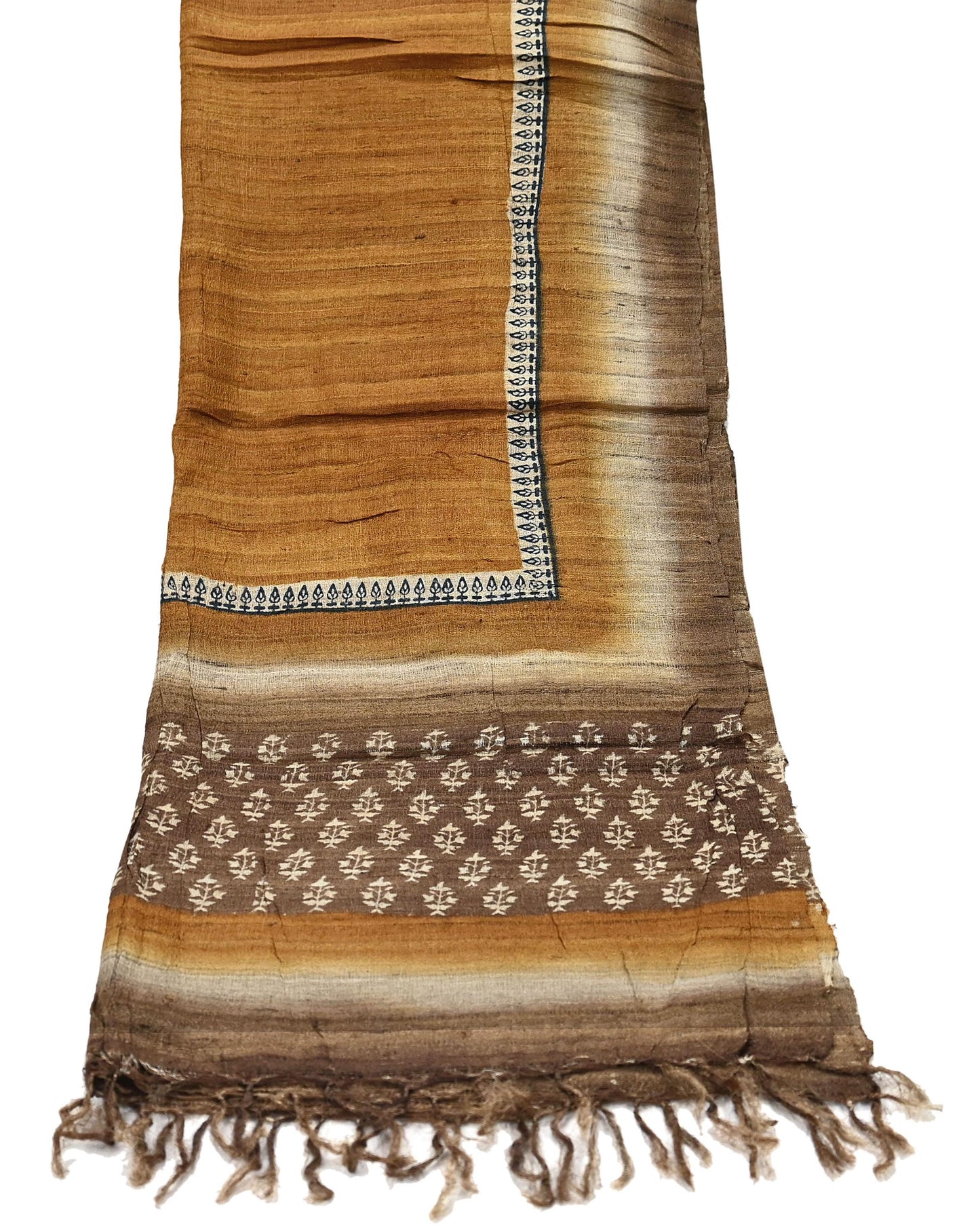 Indian Vintage Brown & Mustard Dupatta Long Stole 100% Pure Khadi Silk Hand Woven/ Printed Scarves Veil Scarf Wrap Hippie Fringes