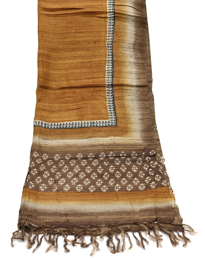 Indian Vintage Brown & Mustard Dupatta Long Stole 100% Pure Khadi Silk Hand Woven/ Printed Scarves Veil Scarf Wrap Hippie Fringes