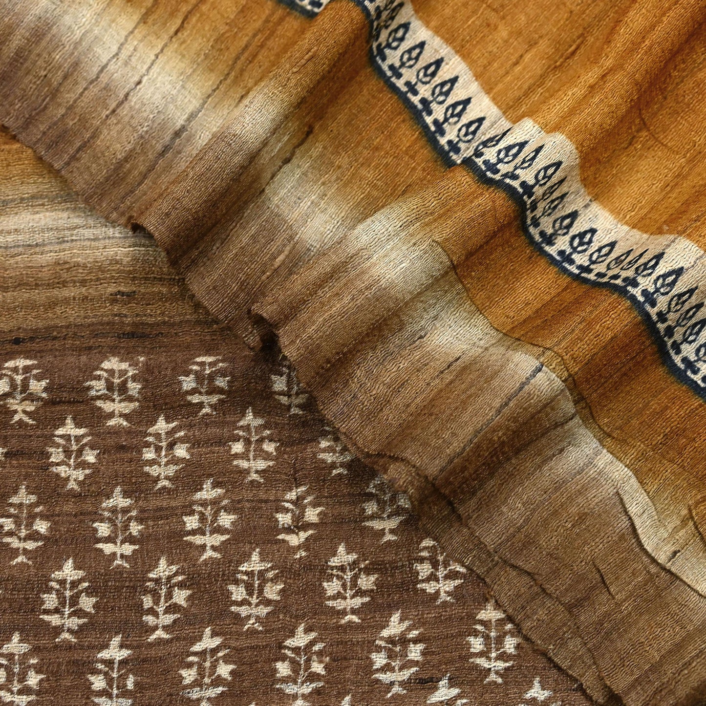 Indian Vintage Brown & Mustard Dupatta Long Stole 100% Pure Khadi Silk Hand Woven/ Printed Scarves Veil Scarf Wrap Hippie Fringes