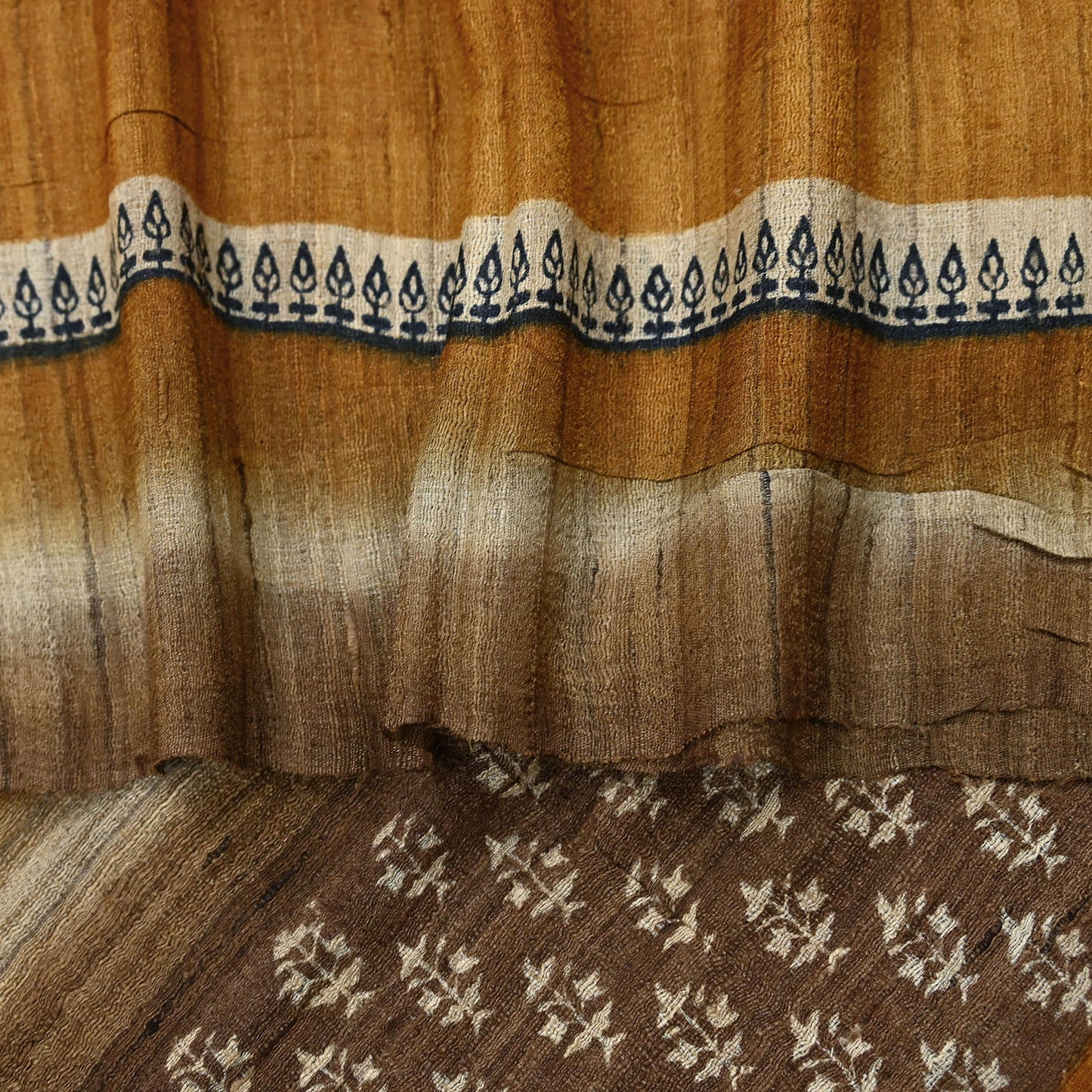 Indian Vintage Brown & Mustard Dupatta Long Stole 100% Pure Khadi Silk Hand Woven/ Printed Scarves Veil Scarf Wrap Hippie Fringes