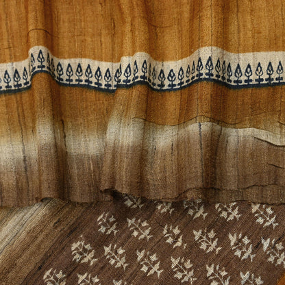 Indian Vintage Brown & Mustard Dupatta Long Stole 100% Pure Khadi Silk Hand Woven/ Printed Scarves Veil Scarf Wrap Hippie Fringes