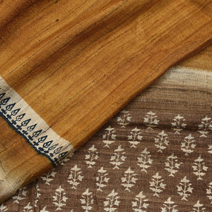 Indian Vintage Brown & Mustard Dupatta Long Stole 100% Pure Khadi Silk Hand Woven/ Printed Scarves Veil Scarf Wrap Hippie Fringes