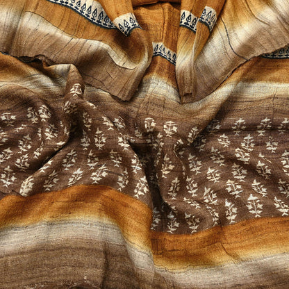 Indian Vintage Brown & Mustard Dupatta Long Stole 100% Pure Khadi Silk Hand Woven/ Printed Scarves Veil Scarf Wrap Hippie Fringes