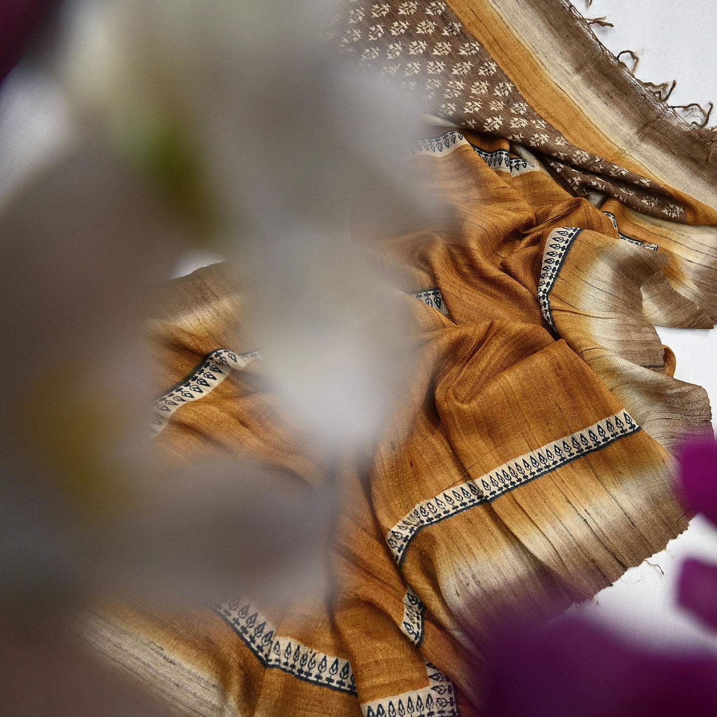 Indian Vintage Brown & Mustard Dupatta Long Stole 100% Pure Khadi Silk Hand Woven/ Printed Scarves Veil Scarf Wrap Hippie Fringes