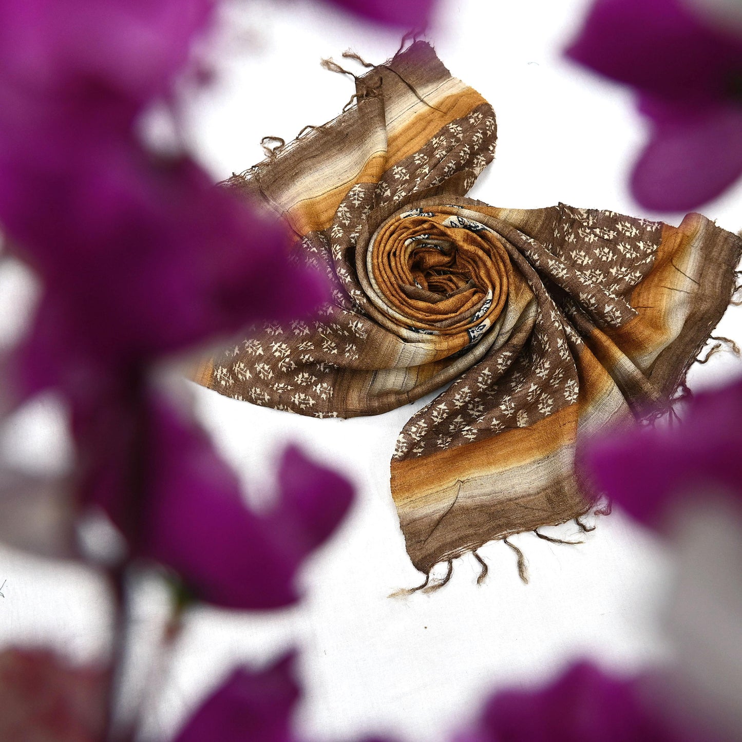 Indian Vintage Brown & Mustard Dupatta Long Stole 100% Pure Khadi Silk Hand Woven/ Printed Scarves Veil Scarf Wrap Hippie Fringes
