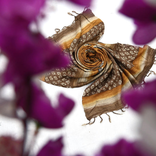 Indian Vintage Brown & Mustard Dupatta Long Stole 100% Pure Khadi Silk Hand Woven/ Printed Scarves Veil Scarf Wrap Hippie Fringes
