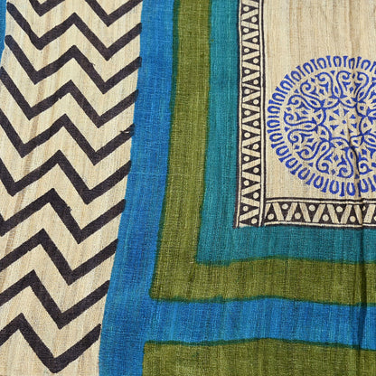 Indian Vintage Beige & Green Dupatta Long Stole 100% Pure Khadi Silk Hand Woven/ Printed Scarves Veil Scarf Wrap Hippie Fringes