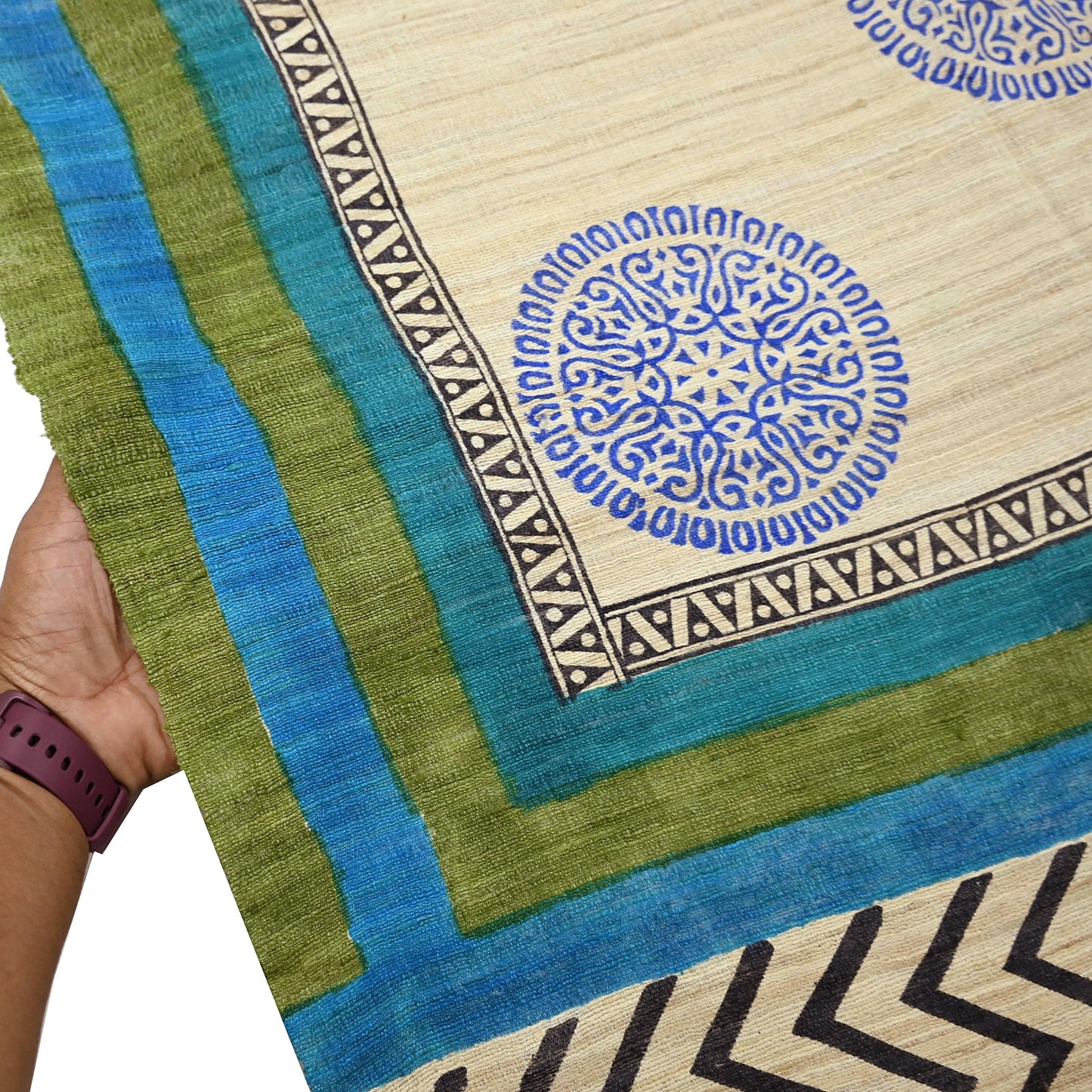 Indian Vintage Beige & Green Dupatta Long Stole 100% Pure Khadi Silk Hand Woven/ Printed Scarves Veil Scarf Wrap Hippie Fringes