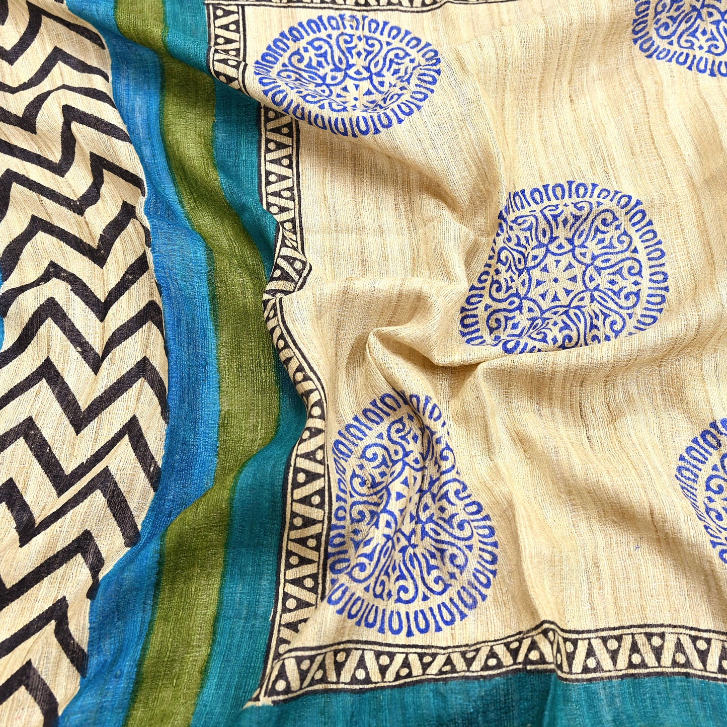 Indian Vintage Beige & Green Dupatta Long Stole 100% Pure Khadi Silk Hand Woven/ Printed Scarves Veil Scarf Wrap Hippie Fringes