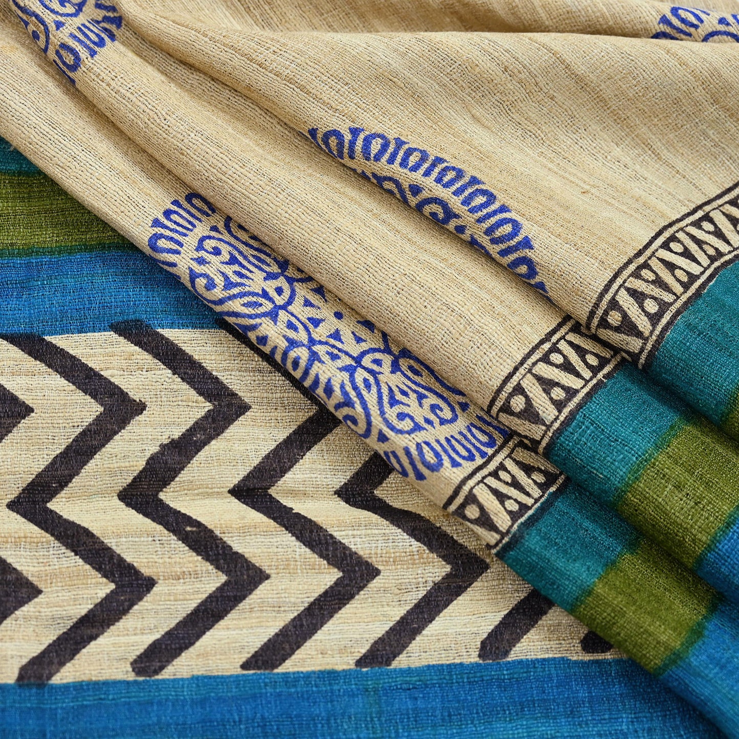 Indian Vintage Beige & Green Dupatta Long Stole 100% Pure Khadi Silk Hand Woven/ Printed Scarves Veil Scarf Wrap Hippie Fringes