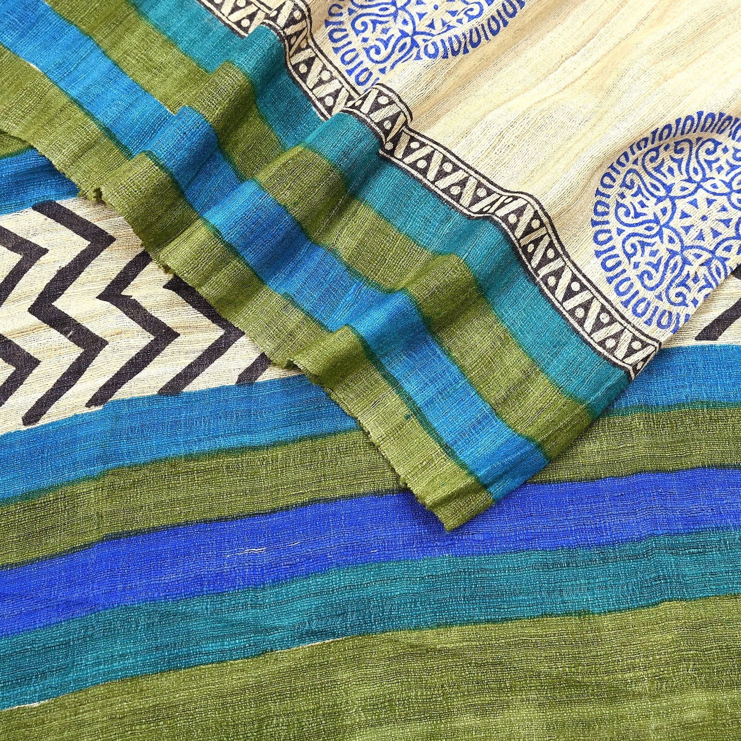 Indian Vintage Beige & Green Dupatta Long Stole 100% Pure Khadi Silk Hand Woven/ Printed Scarves Veil Scarf Wrap Hippie Fringes