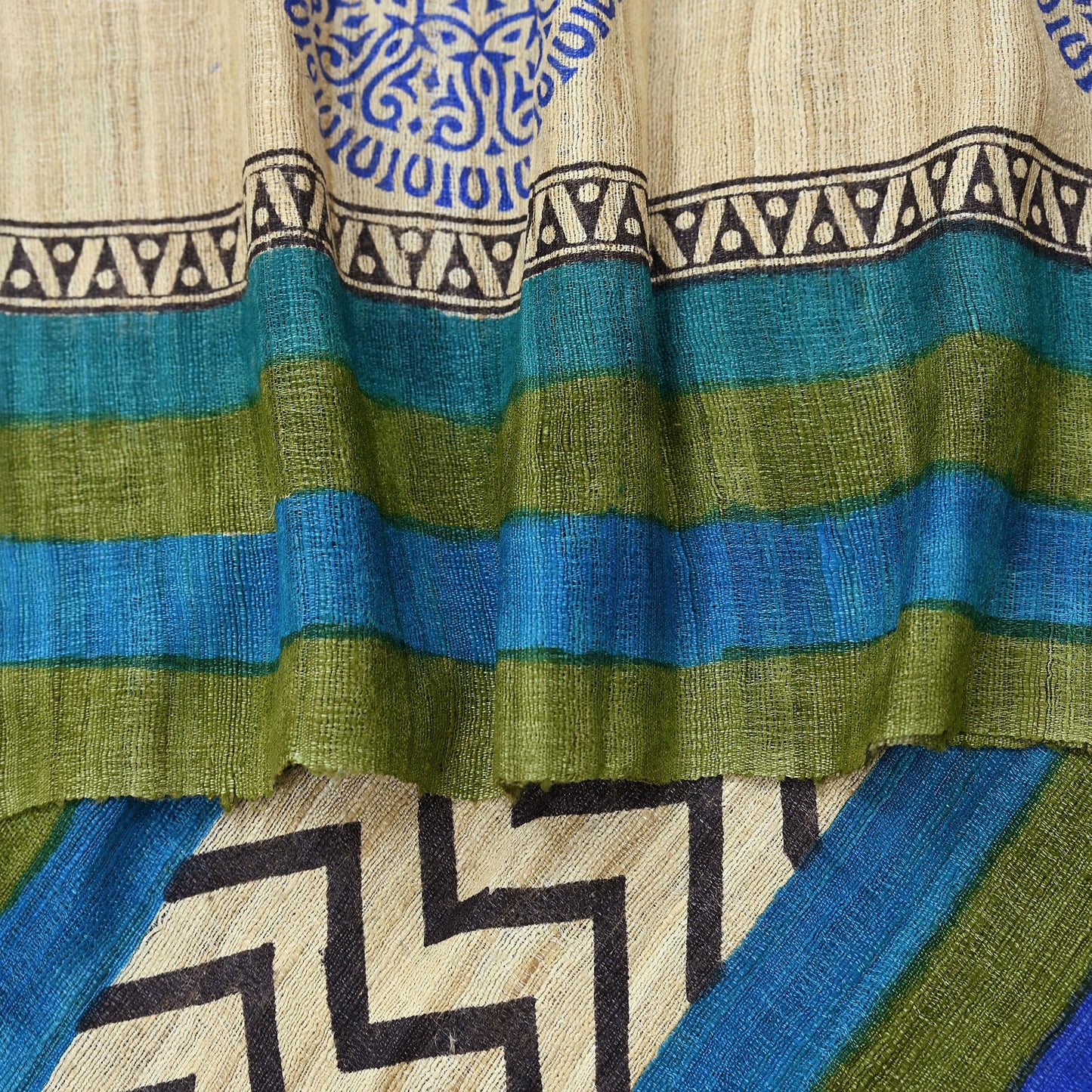Indian Vintage Beige & Green Dupatta Long Stole 100% Pure Khadi Silk Hand Woven/ Printed Scarves Veil Scarf Wrap Hippie Fringes