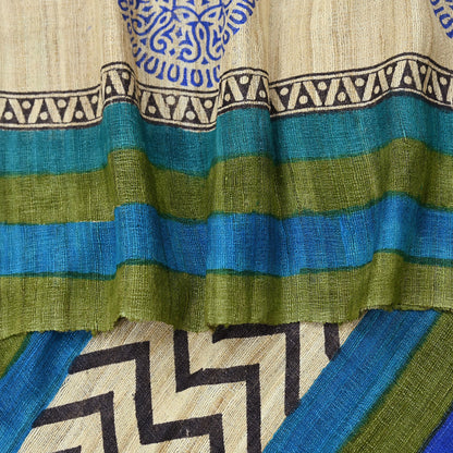 Indian Vintage Beige & Green Dupatta Long Stole 100% Pure Khadi Silk Hand Woven/ Printed Scarves Veil Scarf Wrap Hippie Fringes