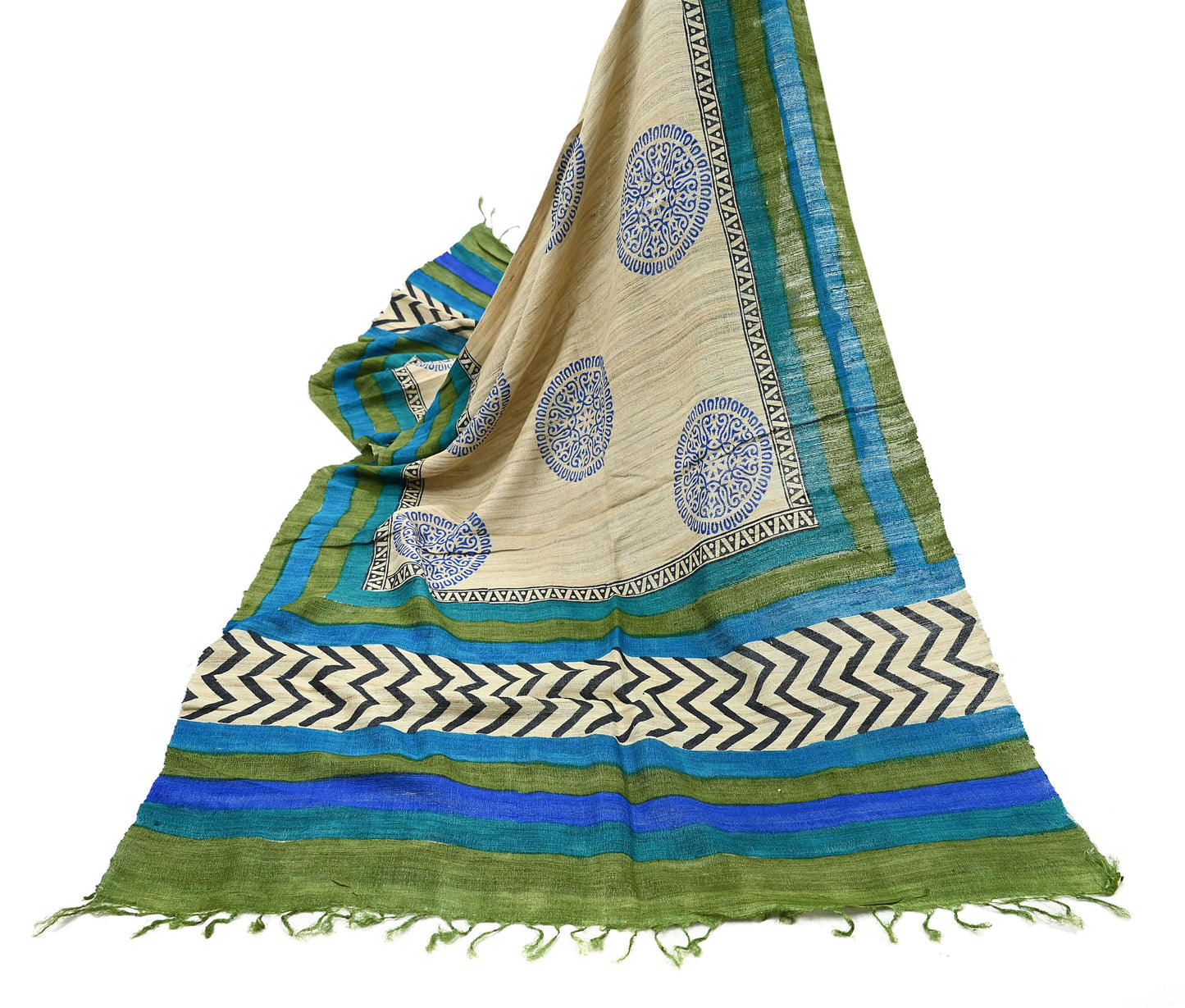 Indian Vintage Beige & Green Dupatta Long Stole 100% Pure Khadi Silk Hand Woven/ Printed Scarves Veil Scarf Wrap Hippie Fringes