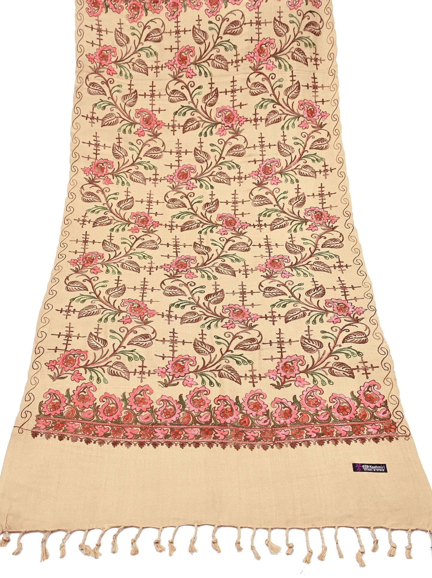 Vintage Stole Beige woolen Handmade Ari work Long Throw Warm Stole Floral Design Fringes