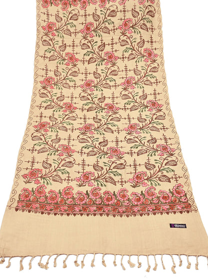 Vintage Stole Beige woolen Handmade Ari work Long Throw Warm Stole Floral Design Fringes