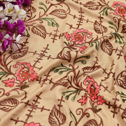 Vintage Stole Beige woolen Handmade Ari work Long Throw Warm Stole Floral Design Fringes