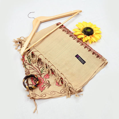 Vintage Stole Beige woolen Handmade Ari work Long Throw Warm Stole Floral Design Fringes