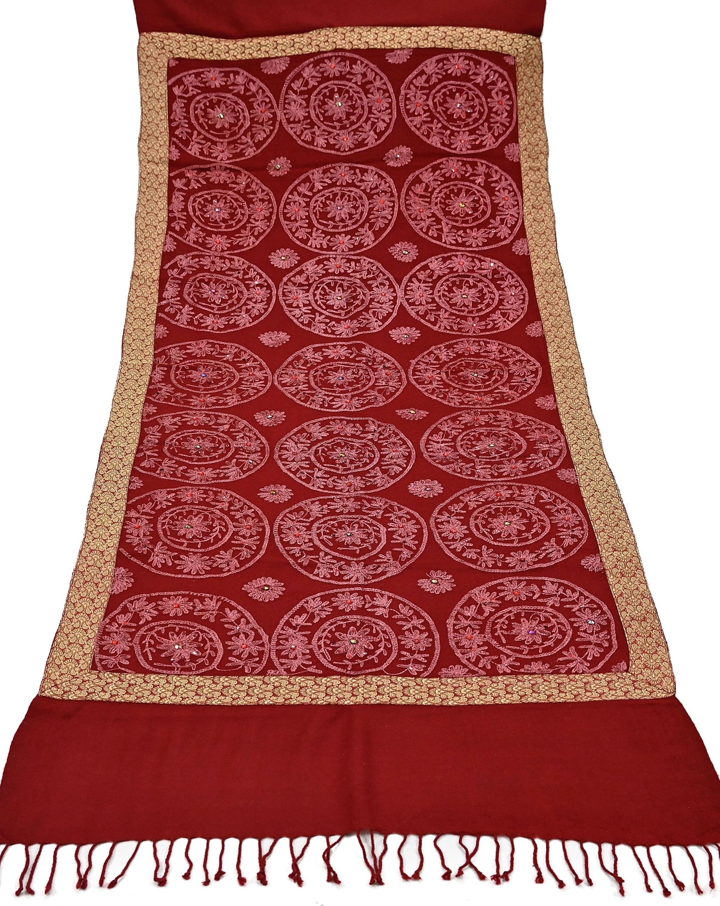 Indian Vintage Maroon Pure Woolen Shawl Handmade Ari work Long Throw Stole Warm Stole Floral Design Upcycle Crafting Used