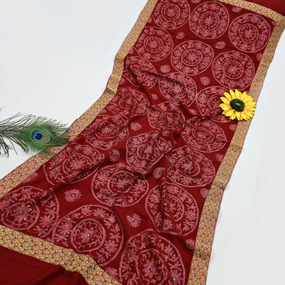 Indian Vintage Maroon Pure Woolen Shawl Handmade Ari work Long Throw Stole Warm Stole Floral Design Upcycle Crafting Used