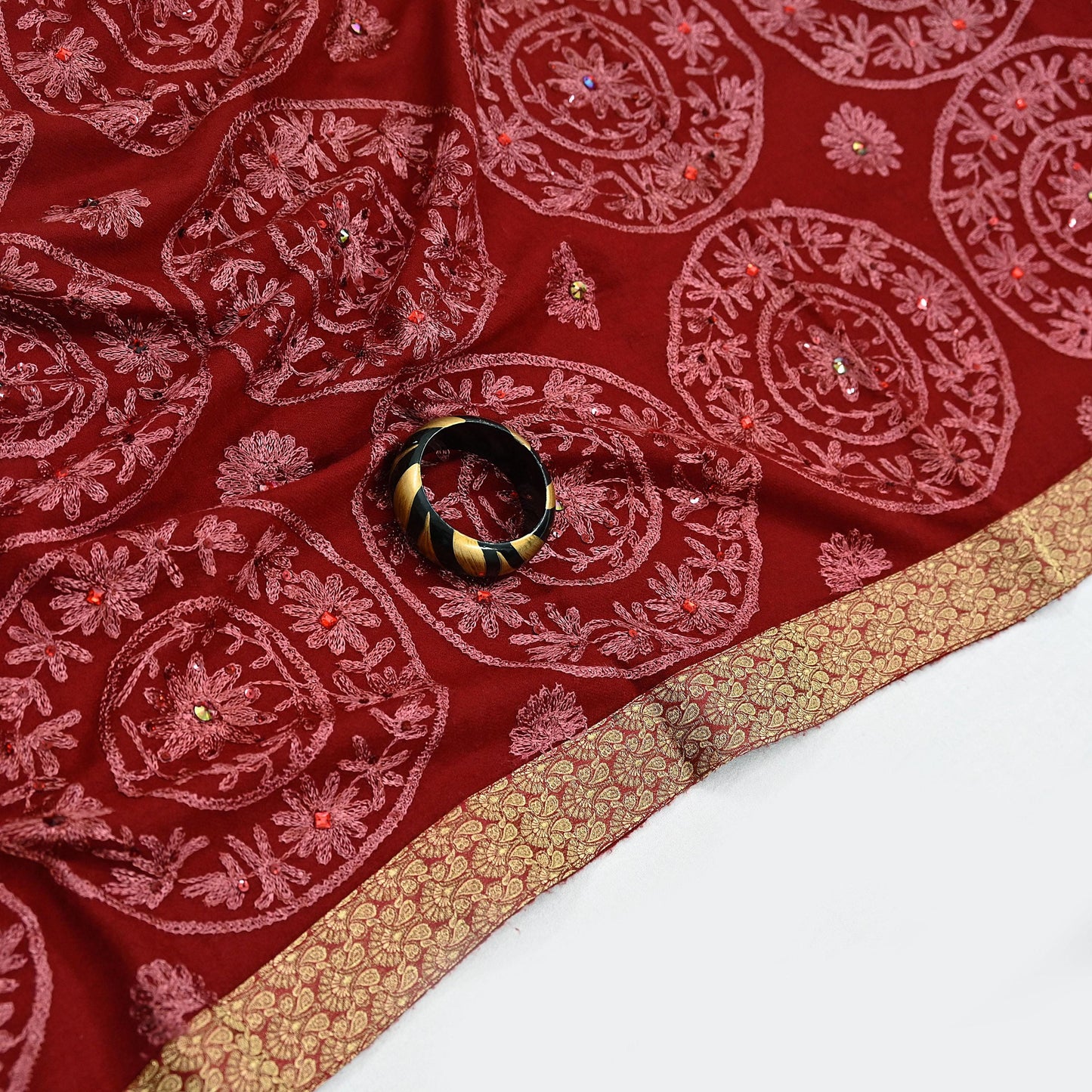 Indian Vintage Maroon Pure Woolen Shawl Handmade Ari work Long Throw Stole Warm Stole Floral Design Upcycle Crafting Used