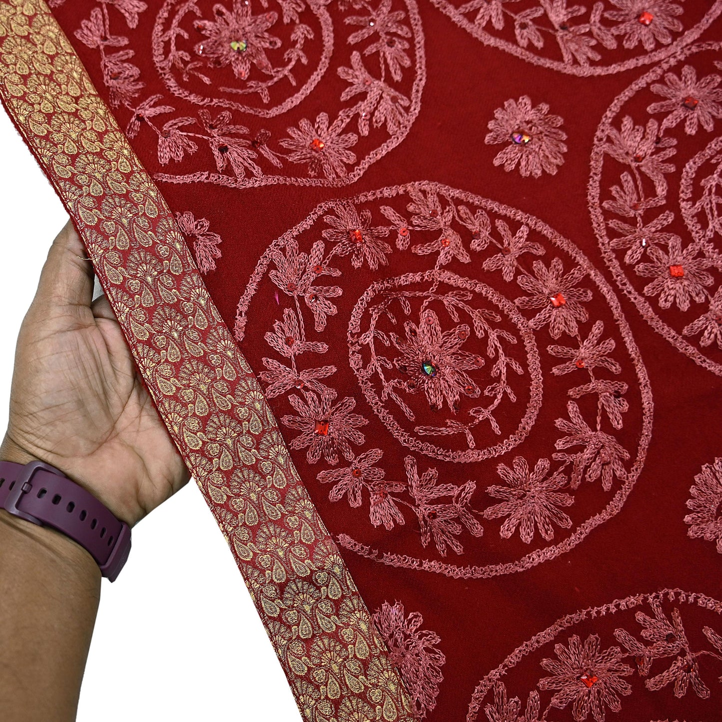 Indian Vintage Maroon Pure Woolen Shawl Handmade Ari work Long Throw Stole Warm Stole Floral Design Upcycle Crafting Used