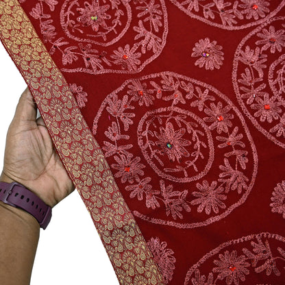 Indian Vintage Maroon Pure Woolen Shawl Handmade Ari work Long Throw Stole Warm Stole Floral Design Upcycle Crafting Used