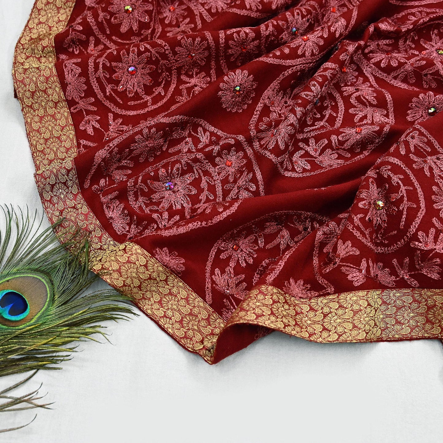 Indian Vintage Maroon Pure Woolen Shawl Handmade Ari work Long Throw Stole Warm Stole Floral Design Upcycle Crafting Used