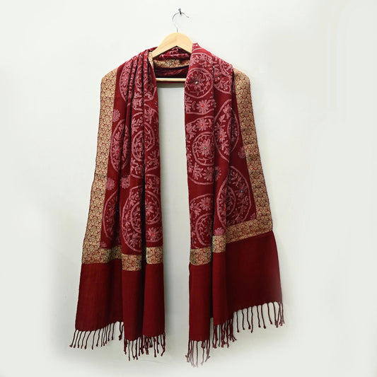 Indian Vintage Maroon Pure Woolen Shawl Handmade Ari work Long Throw Stole Warm Stole Floral Design Upcycle Crafting Used
